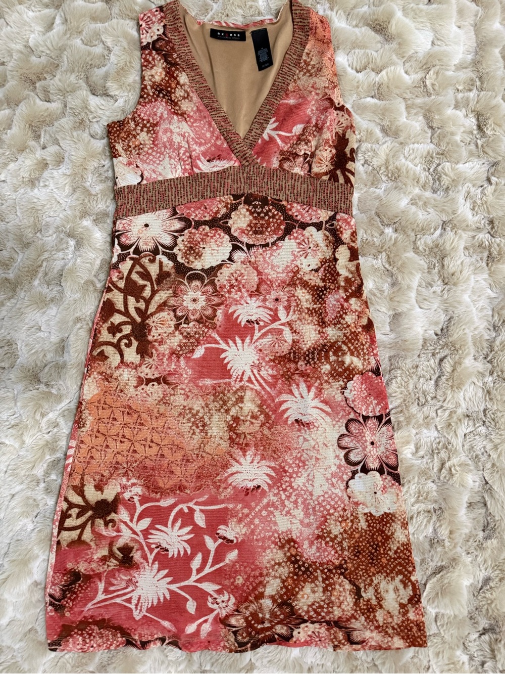 Vintage y2k Axcess Coral and Brown Floral V-Neck Sleeveless Dress